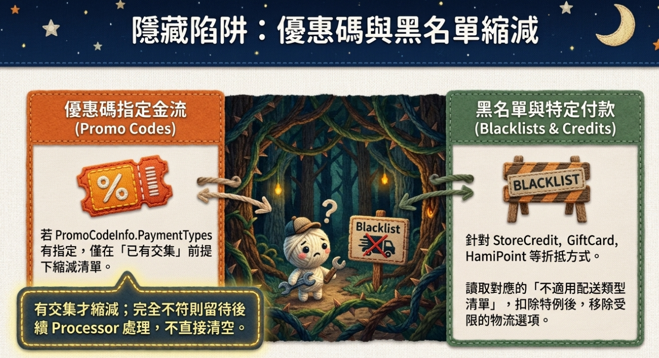 優惠碼指定金流與黑名單限制的整理：有金流交集才縮減，特定折抵方式另有限制物流